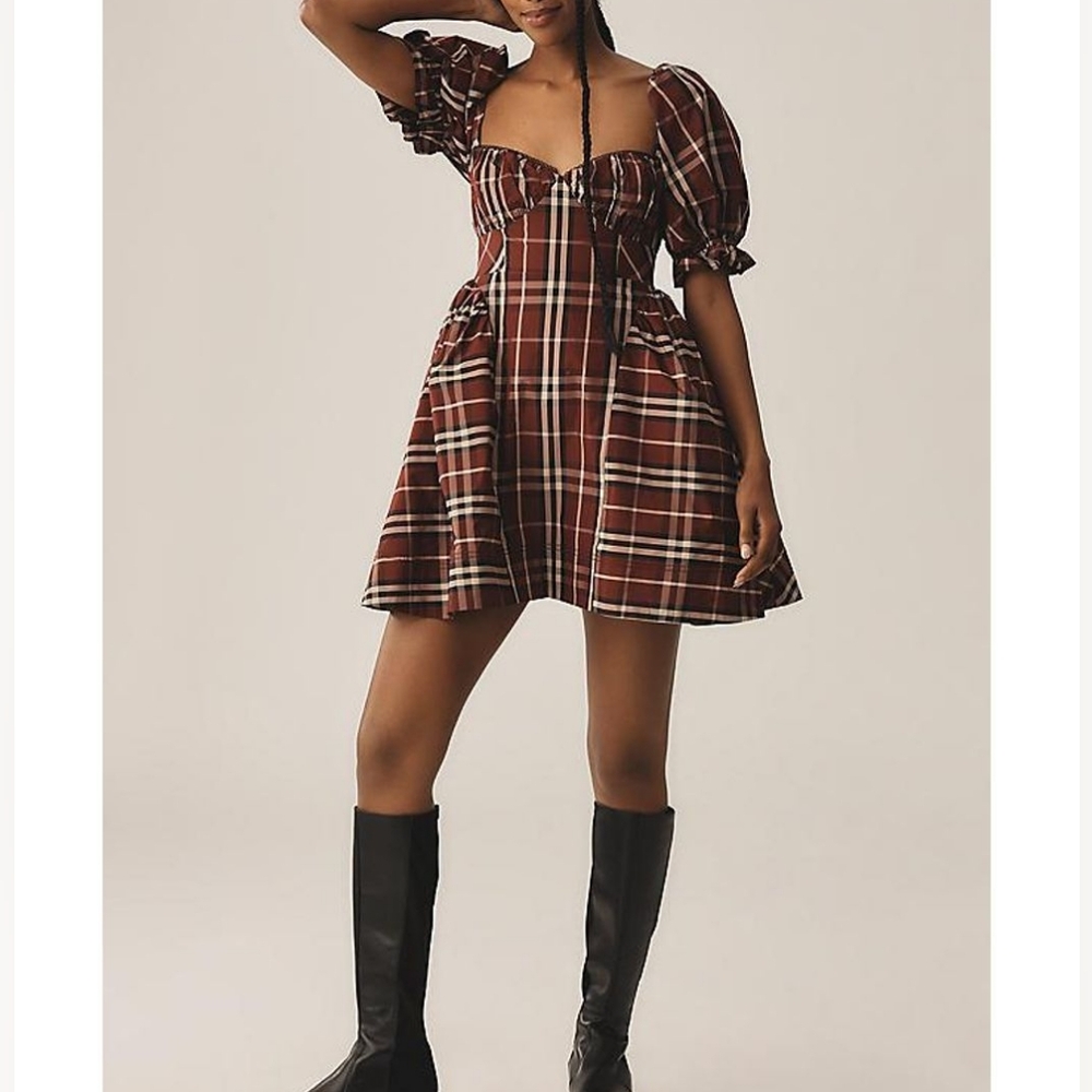 Maeve Burgundy Plaid Dress with Puff Sleeves New